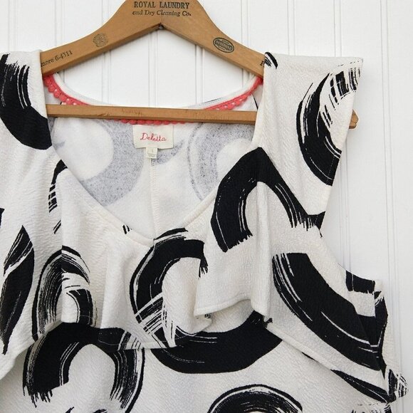 Deletta Anthropologie Pincelada Mini Dress Size L White Black Abstract Ruffle - Picture 4 of 9